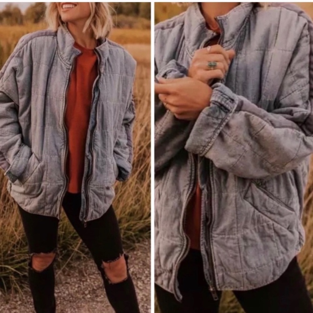 Free People Quilted Gray Bomber Jacket - Picture 2 of 5